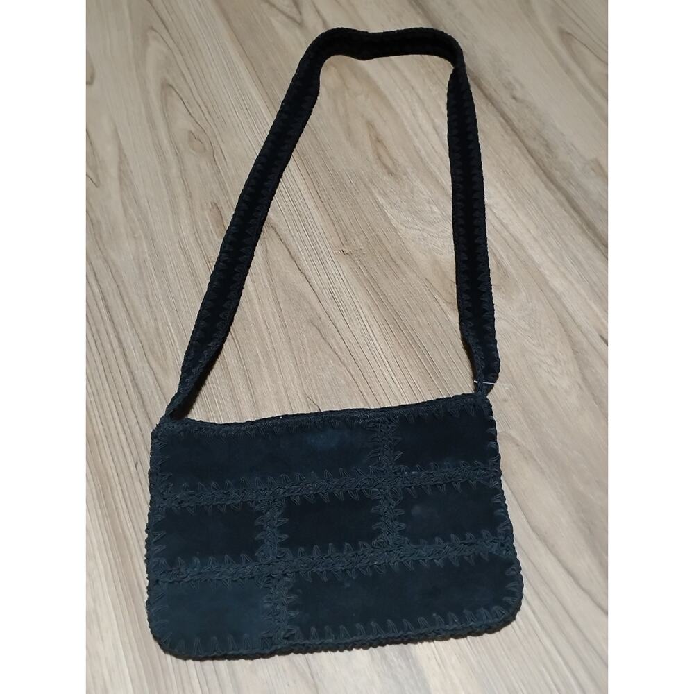 Nine West Black Suede Bohemian Crossbody Shoulder Bag Cotton EmbroderyTrim Purse